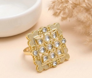 Yellow Gold Plated Polki <b>CZ</b> Diamond Bridal Statement <b>Ring</b> Wedding Engagement Cocktail Jewelry Traditional Indian Party Wear <b>Ring</b> - Product Image 1