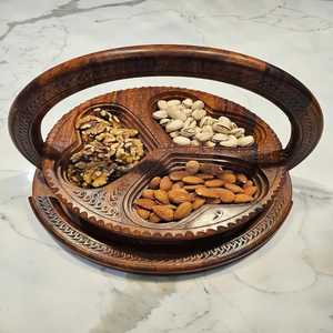 Hand Carved Wooden Dry Fruit Basket 3 Section Collapsible Fruit Tray with Handle <b>Folding</b> Wood Bowl for <b>Dining</b> <b>Table</b> and Gifting - Product Image 1