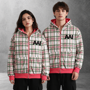 Blouson réversible unisexe à logo personnalisé, rose à carreaux, avec fermeture éclair, à capuche, épais, double face, style bomber, vente en gros, fournisseur OEM - Product Image 1