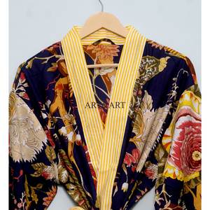 Kimono Kantha de Algodón Hecho a Mano, Diseño Elegante y Moderno para Primavera/Verano, Cintura Natural Larga, Transpirable, de Secado Rápido, Cuello en V - Product Image 4