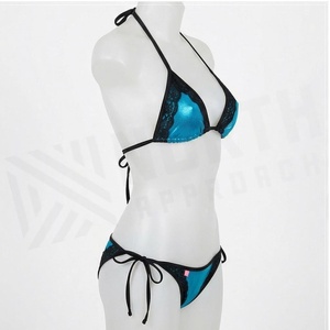 Ensemble de bikini bleu pour femme avec dentelle, bas à nouer sur le côté, en spandex et nylon extensible - Product Image 3