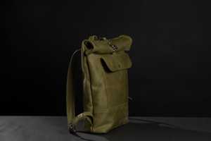 Quick Access Leather <b>Roll</b> Top <b>Backpack</b> Vertical Side Zipper Rucksack For Gadgets Durable Travel Bag LRTB-0192 - Product Image 2