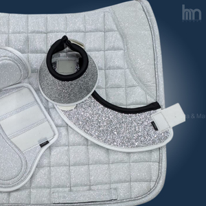Light Gray Sparkle Dressage Saddle Pad Matching Set Brushing Boots Bell Boots Custom Logo Silver Cord Trim <b>Equestrian</b> Set - Product Image 2
