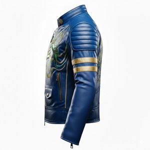 Chaqueta de Motociclista Personalizada para Hombre, de Cuero Azul Verde, Resistente al Viento, para Invierno, con Bordado de Llamas y Rayas Doradas, Estilo Biker, OEM - Product Image 4