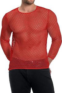 T-shirt uni rouge à col rond et manches longues, coupe ajustée et moulante, respirant, en maille filet, style clubwear, coupe carrée - Product Image 2