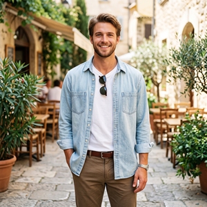 Men's Long Sleeve Denim Shirt Button Up Casual <b>Jacket</b> Washed Blue Pocket <b>Flannel</b> Workwear OEM Custom Logo - Product Image 2