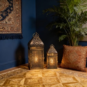 Striking <b>Gold</b> Moroccan <b>Lantern</b> with Crescent Moon Top Intricate Metal Cutwork Candle Holder for Ramadan Home Decor - Product Image 5
