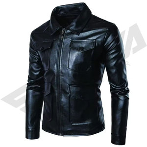 <b>Men's</b> Black <b>Leather</b> Moto <b>Jacket</b> Turn-down Collar Zipper Closure Slim Fit Autumn Regular Sleeve Solid Color - Product Image 3