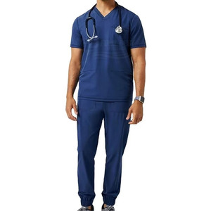 Conjunto de uniforme médico para hombre, color azul marino, con cuello en V, bolsillo y presilla para estetoscopio, para uso hospitalario, de algodón y poliéster tejido. - Product Image 1