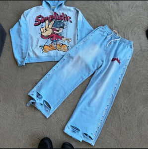 Ensemble de survêtement streetwear pour homme, effet vieilli, délavé à l'acide et effet soleil, 100% coton, comprenant un sweat à capuche zippé et un pantalon de survêtement, orné de strass, coupe ample, hiver - Product Image 6