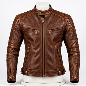 <b>Mens</b> <b>Brown</b> <b>Leather</b> <b>Jacket</b> Stand Collar Zipper Front Quilted Shoulder Details Multiple Zipper Pockets Waist Belt Custom - Product Image 3