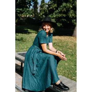 เดรสยาวทรงวีคอ แขนพอง ผ้าฝ้ายรักษ์โลก ทรงหลวมสบาย พร้อมเข็มขัด สำหรับผู้หญิง - Product Image 2