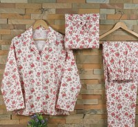 Ensemble de pyjama pour femme en coton tissé thermique imprimé à la main, respirant, doux, à séchage rapide, réversible, col en V, manches longues, traditionnel