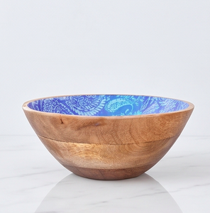 Ensemble de saladiers en bois faits à la main de style bohème avec imprimé paisley bleu et cuillères assorties pour un usage domestique - Product Image 3