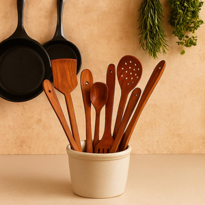 Ensemble d'ustensiles de cuisine en bois : cuillère, spatule, outils de mélange et de service pour la cuisine domestique - Product Image 4