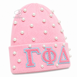 Gorro de Punto con Perlas Rosadas para Mujer de la Hermandad Gamma Phi Delta, Gorro Casual de Invierno con Letras Griegas Bordadas en Chenilla - Product Image 2