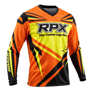 Jersey de Motocross con Logotipo Personalizado, Manga Larga, Secado Rápido, Ropa de Carreras, Camiseta de Carreras, Estampado Naranja, Amarillo y Negro - Product Image 3