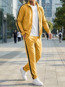 Chándal Amarillo Sólido para Hombre, Manga Larga, Cierre de Cremallera, Ropa Casual, Corte Regular, Atuendo de Otoño, Bolsillos Laterales, Poliéster - Product Image 4