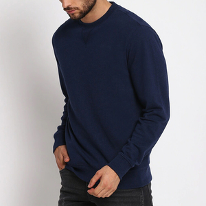 <b>Men</b> Navy Blue Crew Neck Sweatshirt Slim Fit Knitted Cotton <b>Pullover</b> Casual Autumn Wear Solid Color Long Sleeve - Product Image 3