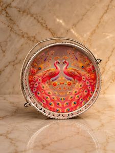 Handmade Modern German Silver Peacock Decorative Iron Serving <b>Basket</b> <b>Tray</b> Handle Premium Metal Gift <b>Basket</b> for Diwali Wedding - Product Image 4
