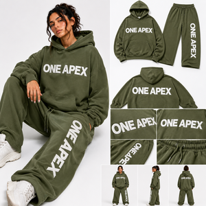 Conjunto Deportivo Unisex ONE APEX Verde Oliva, Sudadera con Capucha Extra Grande, Pantalones Anchos de Algodón Grueso, Ropa Urbana Premium de Secado Rápido - Product Image 3