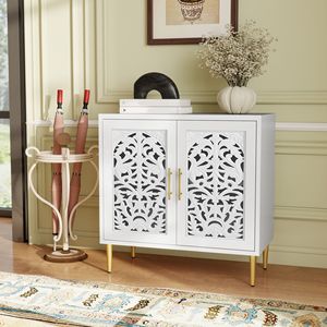 Buffet vintage en bois sculpté à 2 portes, style bohème, avec découpes ajourées, pour salon, salle à manger, rangement, bois sculpté - Product Image 1