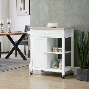 Modern White Rolling Kitchen Island Solid Wood with Adjustable <b>Open</b> Shelf <b>Storage</b> Drawer and MDF Particle Board Panels - Product Image 2