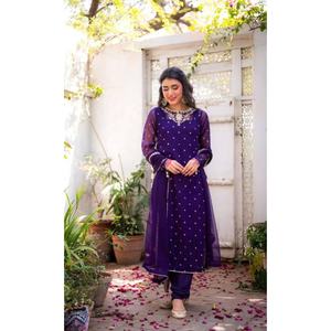 Indien pakistanais dames tenue fantaisie Georgette broderie séquence haut bas Dupatta violet velours soie cousu pour adultes - Product Image 5