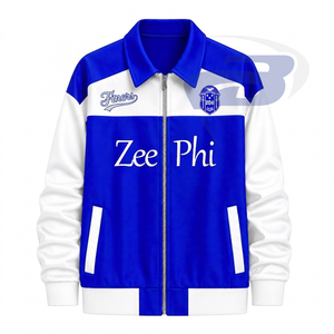 Zeta Phi Beta Sorority Zee Phi Varsity <b>Jacket</b> Blue & <b>White</b> Patch Embroidery Color Block Zipper Front Logo Women Baseball <b>Jacket</b> - Product Image 1