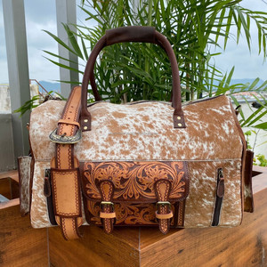 Bolsa de lona grande de cuero de vaca mecanizada a mano y para el pelo, bolsa de equipaje de noche de cuero genuino, bolsas de viaje de fin de semana para Unisex - Product Image 2