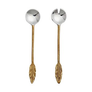 Premium Look Stainless Steel Salad <b>Server</b> With Brass Embossed Single Leaf Design Rouge Long Handle Salad <b>Server</b> Set - Product Image 1