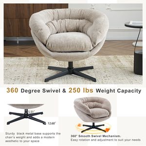 Fauteuil de bureau confortable en métal noir, revêtement en chenille, pivotant à 360 degrés, avec coussin amovible pour salon - Product Image 3