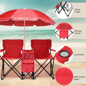 Chaise pliante d'extérieur 2 places avec parasol amovible pour la plage, le camping, la pêche, rouge - Product Image 5