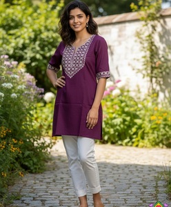 Women Trendy Purple Multi Color Embroidery Work Slub Cotton <b>Tunic</b> Midi Traditional Casual Wear India Daily Wear Short Kurtis - Product Image 1