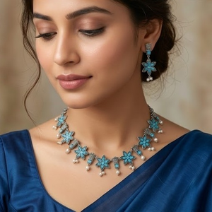 DIVYORO Floral Blue Pearl Ethnic <b>Statement</b> Choker <b>Necklace</b> and Earrings Set for Women Vintage Party Wedding Jewelry - Product Image 4