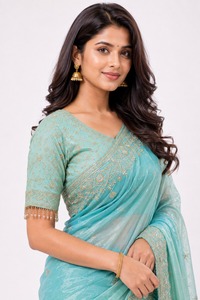 Sari en soie vert menthe brodé, longueur ras du sol, avec dupatta en filet, réversible, tenue de mariage indienne traditionnelle pour femmes - Product Image 4