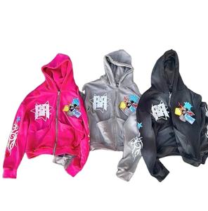 Sudadera con Capucha para Hombre, Estilo Gótico Urbano, Punk, Hip Hop, con Cremallera y Bordados, 500GSM, con Cremallera Completa, Lavado Ácido, Aspecto Desgastado, Venta al Por Mayor - Product Image 1