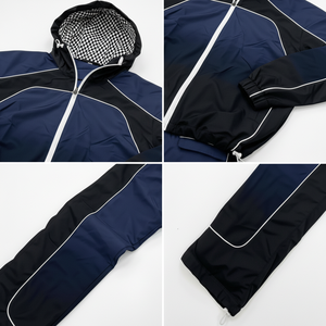 Ensemble de survêtement unisexe bleu et noir à blocs de couleur, avec capuche, fermeture éclair, manches longues, pantalon de sport athlétique avec poches latérales, idéal pour l'automne - Product Image 5