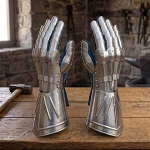 Gants de guerrier médiévaux en acier plaqué argent, style antique, objets de collection d'art de forge. - Product Image 5