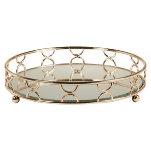 Plateau décoratif rond antique en or rose, miroir, élégant, avec cadre en métal, organiseur en verre, plateau de service pour la décoration de la maison - Product Image 5