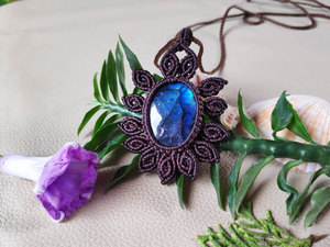 Handmade Labradorite Sunburst Macrame Pendant <b>Necklace</b> Blue Flash Gemstone Boho Healing <b>Statement</b> Jewelry - Product Image 3