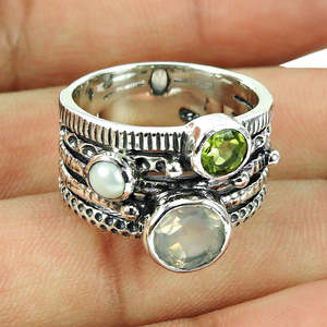Natural Round Cut Gemstone Fine <b>Rings</b> Comes With Rose <b>Quartz</b>-Pearl & Peridot Gemstone 925 Sterling Silver Bohemian Jewelry - Product Image 3