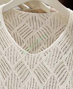 Pull en tricot à col en V, motif géométrique, respirant, coupe régulière, haut décontracté d'été, unisexe, beige clair, manches longues - Product Image 6