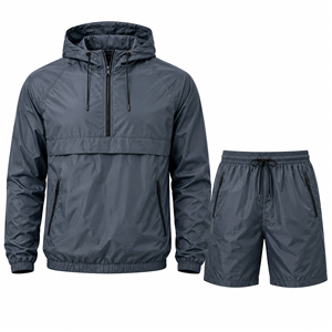 Men's <b>Hooded</b> Quarter-<b>Zip</b> Upper Shorts Set Solid Color Quick Dry Fleece Streetwear Winter Outfit - Product Image 1