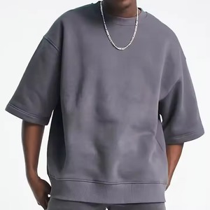 Sweat-shirt à col rond côtelé en molleton français respirant et écologique, 100 % coton, à manches courtes, tricoté sur mesure pour homme, de haute qualité - Product Image 1