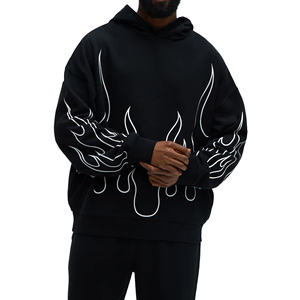Sweat-shirt à capuche noir pour homme avec imprimé flamme blanche, coupe oversize, streetwear, coton, molleton français, pull-over, coupe classique, vêtements d'automne - Product Image 1