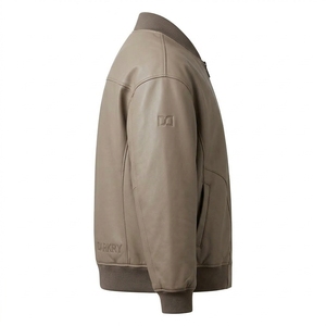 Blouson aviateur en cuir de vachette véritable kaki taupe pour homme, avec logo personnalisé en relief, bordure côtelée, fermeture éclair, fournisseur d'usine - Product Image 3