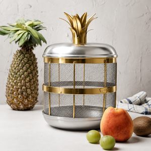 Luxury Metal Pineapple Fruit Basket With <b>Mesh</b> Lid <b>Insect</b> Proof & Rust Resistant Decorative Countertop Storage Bowl For Fruits - Product Image 1