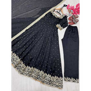 Elegante vestido Anarkali de seda pura Vichitra Dupatta y pantalón Plazzo Set para fiestas nocturnas y fiestas Ropa de fiesta de moda - Product Image 4