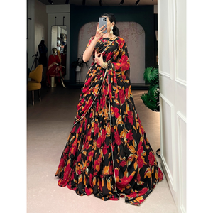 ชุดเลเฮนกาโชลีผ้าฝ้ายพรีเมียมพิมพ์ลายดิจิทัลสีดำสำหรับเด็กผู้หญิง คอลเลคชั่นงานแต่งงานและงานปาร์ตี้ - Product Image 2